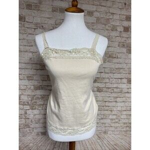 Vtg 90s Y2K Lace Trim Cami Sz L Babydoll Tank Top Ivory Sequins Fairy Coquette